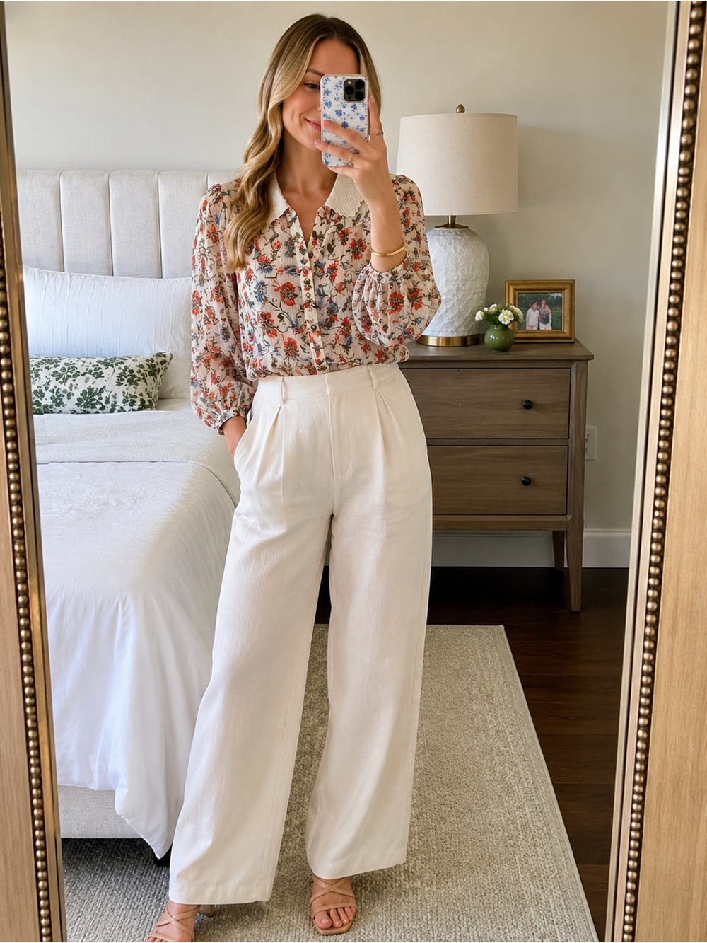 NWOT Zara Cream Floral Button-Up Blouse with White Lace Collar